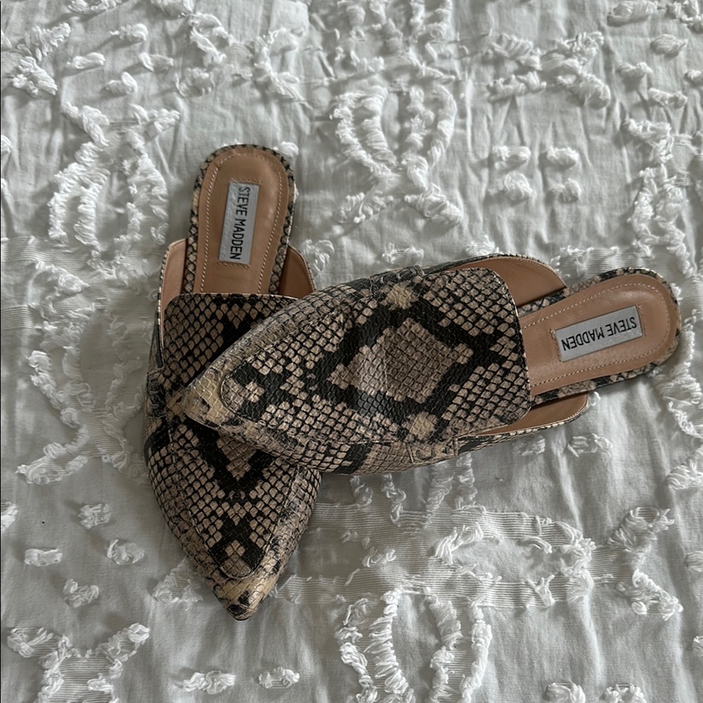 EUC - Steve Madden Women's Snake Print Mules - Black and Tan